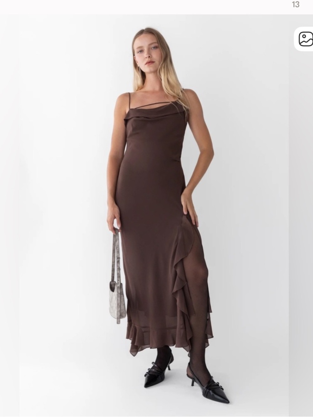 OAK + FORT Dark Cocoa Ruffle-Trim Slip Midi Dress